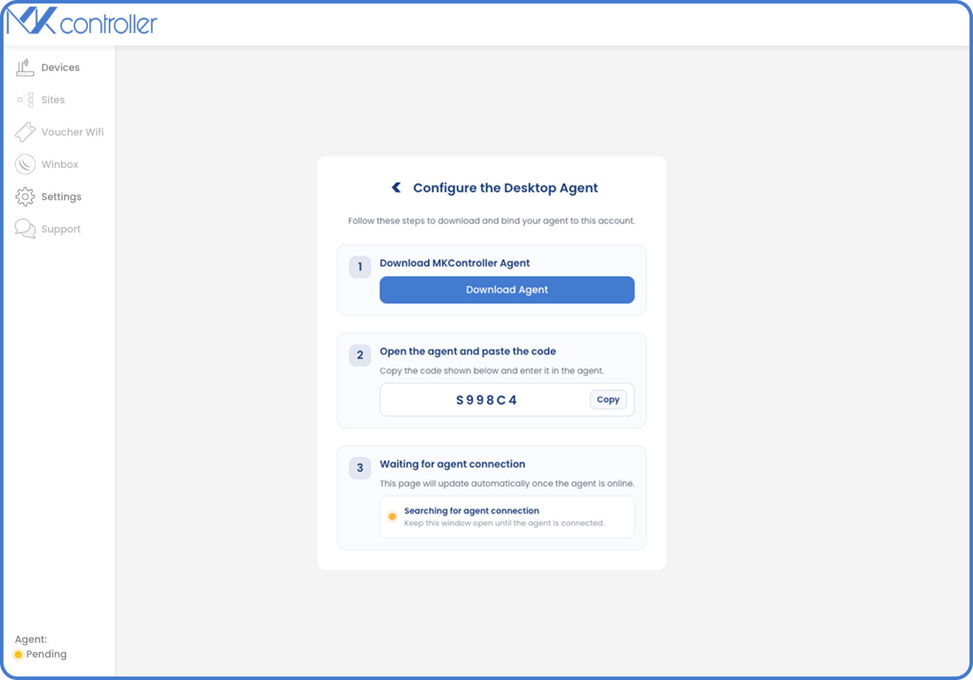MKController setup screen showing the guided desktop agent installation flow with download, pairing code, and waiting-for-connection steps